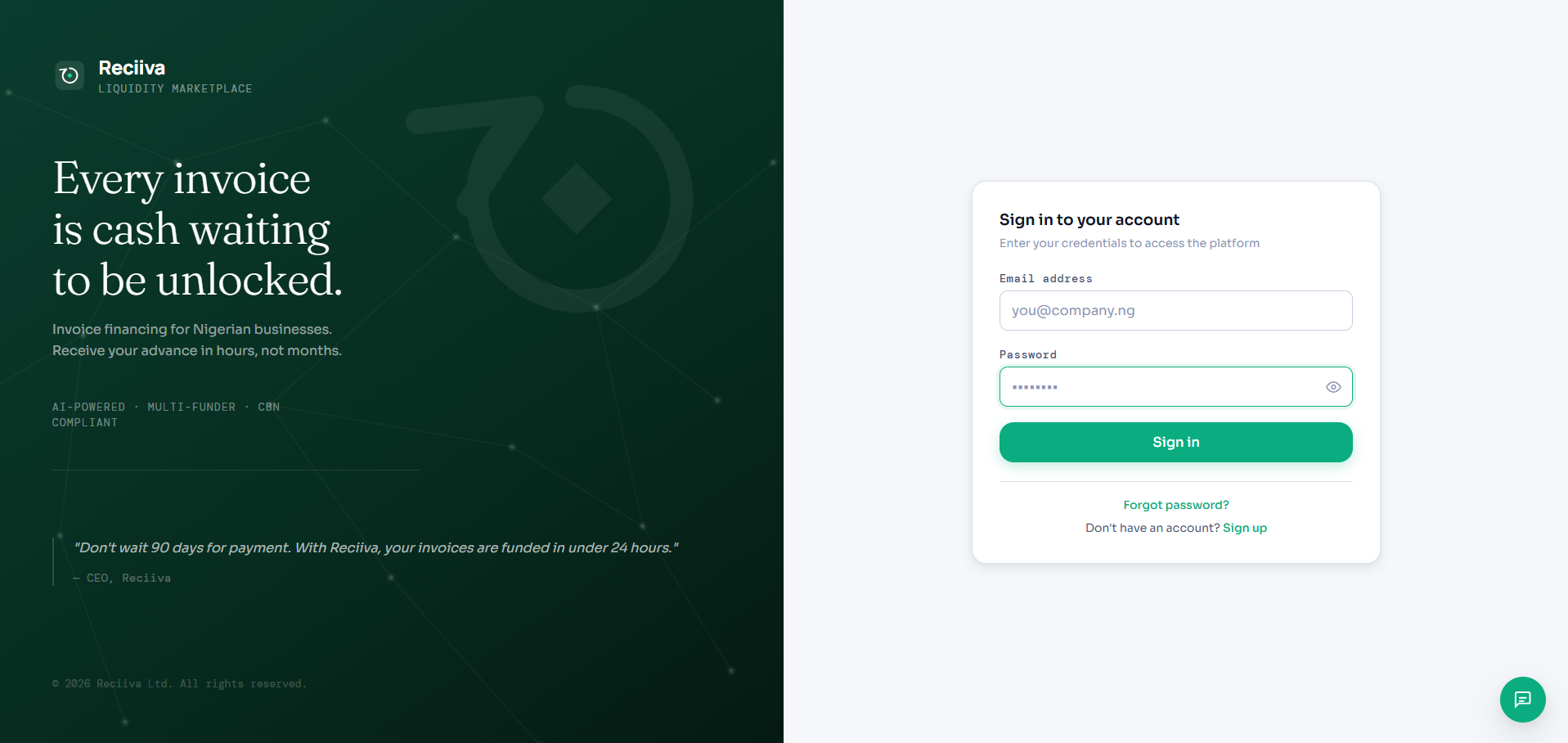 Reciiva platform — supply chain finance dashboard